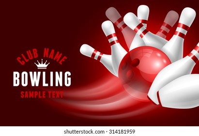 Red bowling ball crashing into the white glossy skittles. Vector illustration on sport bowling theme.