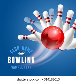Red bowling ball crashing into the white glossy skittles. Vector illustration on sport bowling theme.