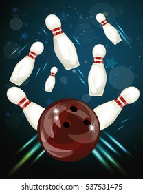 Red bowling ball crashing into the white glossy skittles on light blue effect background. Vector illustration on sport bowling theme.