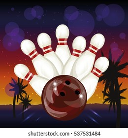 Red bowling ball crashing into the white glossy skittles on light effect background.Vector bowling game center background template leisure.