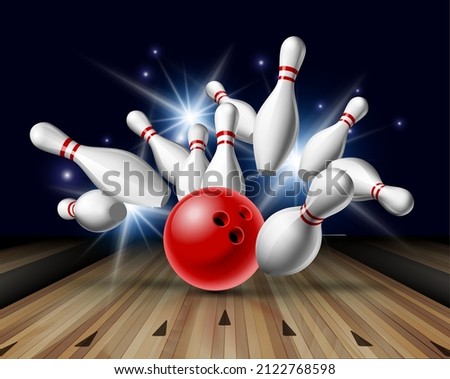 Red Bowling Ball crashing into the pins on bowling alley line. Illustration of bowling strike. Vector Template for poster of Sport competition or Tournament.