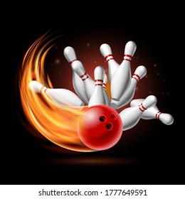 Red Bowling Ball in Flames crashing into the pins on a Dark Background. Illustration of bowling strike. Vector Template for poster of Sport competition or Tournament.