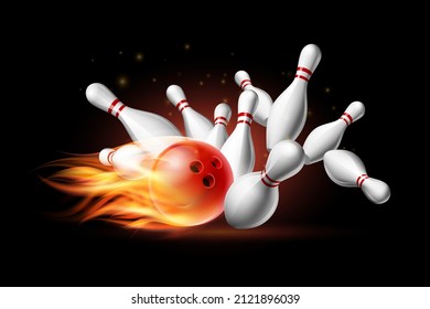 Red Bowling Ball in Flames crashing into the pins on a Dark Background. Illustration of bowling strike. Vector Template for poster of Sport competition or Tournament.