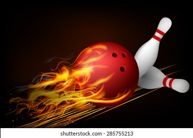 Red Bowling Ball in Flames on a Dark Background. Vector illustration