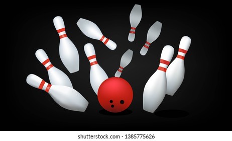 Red bowling ball and skittles isolated on a black background. Vector illustration