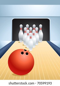 Red bowling ball smashing pins