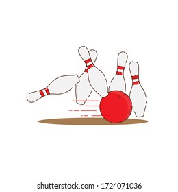 Red bowling ball strike with falling pins flat vector design isolated from white background.