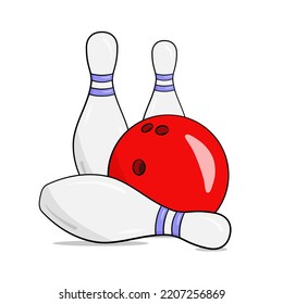 Red bowling ball and three pins with shadows and background. Vector illustration. Cartoon