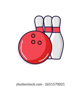 Bola de boliche vermelha e três pinos brancos. Perfeito para esportes, entretenimento ou projetos de atividades de lazer.
