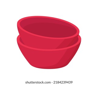 Red bowls set. Deep plates. Kitchen utensils, cooks equipment for cooking. Stickers for social networks, graphic elements for website. Cartoon flat vector illustrations isolated on white background