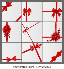 Arcos y cartas rojas. Tarjeta de regalo de lujo realista con cinta decorativa de arco, marco en blanco para el embalaje de vacaciones, decoración de páginas y diseño de banners conjunto aislado