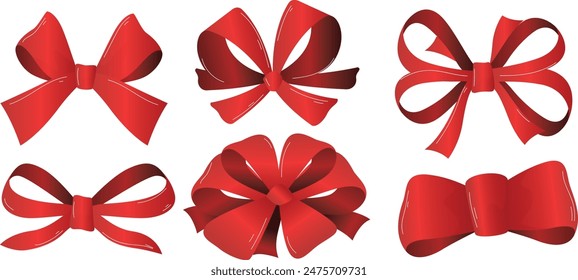 Red bows collection different shapes sizes shiny satin ribbon material isolated white background. Assorted decorative glossy ribbons gift wrapping, presentation, holiday decoration. Festive red bow