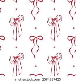 Red bows. Coquette core. Seamless pattern EPS vector hand drawn for cute core, girly, romantic, greeting, wedding design, textile, wrapping, fabric, wallpaper and scrapbooking paper. Outline sketch.