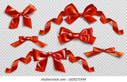 Red bows with curly ribbons and heart pattern set. Festive elements for wrapping Valentines day gift box, birthday present or invitation card design on transparent background. Realistic 3d vector icon