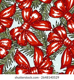 Red bows and evergreen branches seamless Christmas winter pattern with snowflakes. Vector illustration