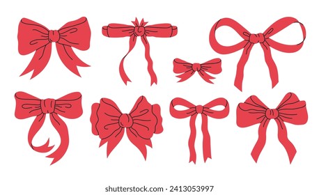 Red bows. Hand drawn silk bow for holidays present boxes, Birthday gifts red ribbon decoration flat vector illustration set. Cartoon bows collection