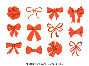 Red bows. Hand drawn silk bow for holidays present boxes, Birthday gifts red ribbon decoration flat vector illustration set. Cartoon bows collection