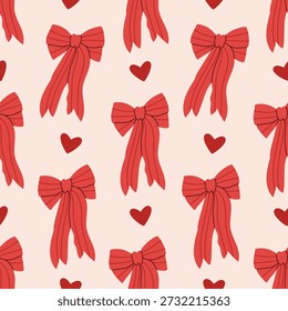 Lazos rojos y corazones sin patrón. Fondo romántico para el día de San Valentín. Diseño de papel de embalaje textil Coquette. Ilustración vectorial.