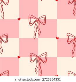 Lazos rojos y corazones de Vector sin patrón. Fondo caprichoso de la coqueta, impresión, diseño de embalaje
