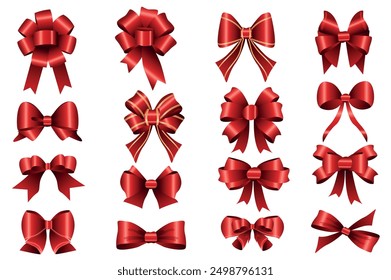 Red bows mega set realistic elements in flat graphic design. Bundle objects of shiny satin and silk gift bows with different knot types, luxury ribbons for package present decor. Vector illustration.