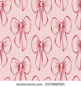 Lazos rojos sobre fondo rosa. Núcleo Coquette. Patrón sin fisuras EPS Vector dibujado a mano para el núcleo lindo, femenino, romántico, diseño de la boda, textil, envoltura, tela, Fondo de pantalla, scrapbooking. Esbozo.