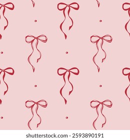 Red bows on pink background. Coquette core. Seamless pattern EPS vector hand drawn for cute core, girly, romantic, wedding design, textile, wrapping, fabric and scrapbooking paper. Outline sketch.