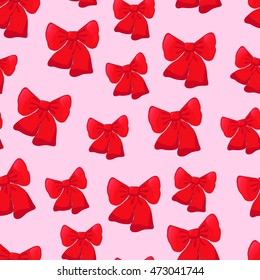 Red bows on a pink background. Seamless pattern.