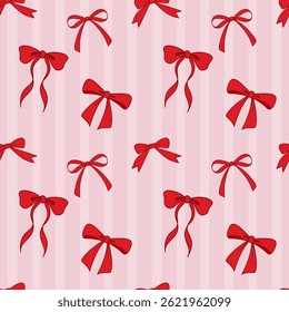 Red bows on pink stripe pattern. Set of ribbon wallpaper design.