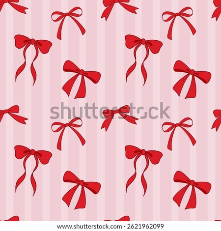 Red bows on pink stripe pattern. Set of ribbon wallpaper design.