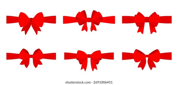Red bows on ribbons flat set. Simple glossy elegant loops tails knots. Cartoon festive decoration tied in classic shapes for gift wrapping holiday themes ornate detail cheerful ribbon vibrant accents
