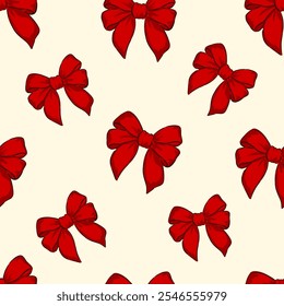 Red bows pattern, hand drawn background, seamless print.