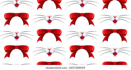 Red bows and a pink cats nose with long whiskers on a white background. Seamless pattern with red ribbons and animal nose. For fabric, wallpaper, wrapping paper, holiday packaging. Vector illustration