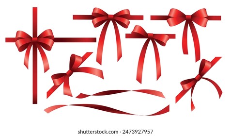 Red bows and ribbon. Festive new year birthday scarlet gift package elements isolated vector illustration