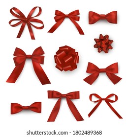Red bows and ribbons assortment realistic set. Gift present box, postcard, greeting card, web design decoration elements. Festive glow tapes collection. Vector bows illustrations isolated on white.