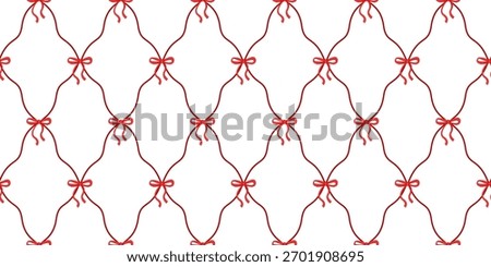 Red Bows and Ribbons Damask Seamless Pattern. Cute Trellis repeating background with Coquette Bows for Valentines Day, Christmas, Birthday prints, fabric, wallpaper, cover, wrapping paper. Endless