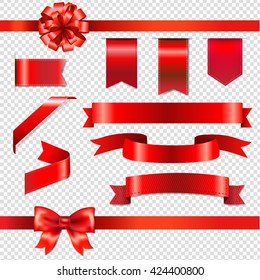 Red Bows With Ribbons Set, Isolated on Transparent Background, With Gradient Mesh, Vector Illustration