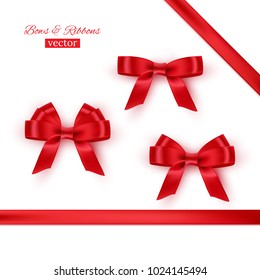 Red bows and ribbons. Vector realistic design elements set.