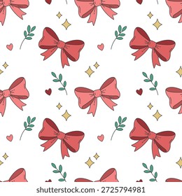 Patrón sin fisuras de arcos rojos con corazones y hojas para el Fondo de pantalla de estilo coqueta de San Valentín