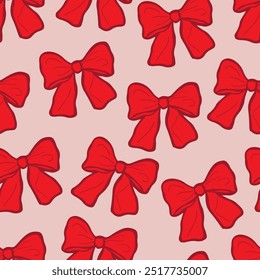 Red bows seamless pattern. Ribbon bows on pink background.  Birthday, Christmas, and Valentine's Day decoration. Gift wrapping. 