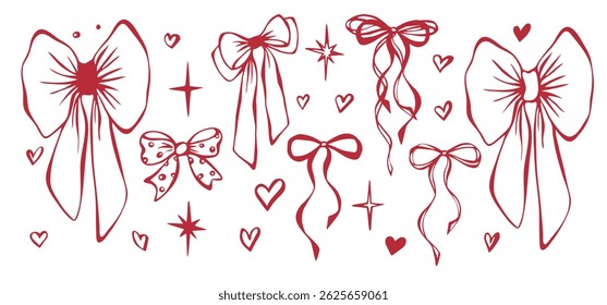 Red bows, stars and whimsical hearts. Set of isolated objects EPS vector. Line art hand-drawn illustration. Coquette core. Contours, silhouettes. Elements for romantic invitation and greeting card.