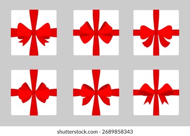 Rote Schleifen auf quadratischen Geschenkboxen Draufsicht gebunden. Saubere Paket Bänder glänzende Schleifen überraschen elegante Knoten perfekte Schwänze. Festliches Geschenk verpackt lebendige Preisdekoration Verleihung kühne Feiertage Thema Design