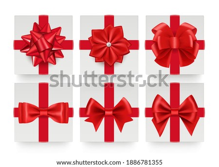 Red bows top view. Realistic gift bow with ribbon. White present boxes decorations vector set