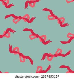 Red bows vector seamless pattern in retro vintage style for festive wallpaper background, fabric design, scrapbooking. Flat girly illustrations 