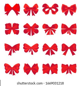 red bows from a wide ribbon. Decor for greeting cards for birthday, christmas, new year. Gifts on sale, prize to winner