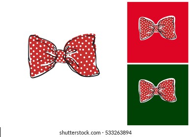 Red bow-tie. Isolated vector art element on white, gray and dark green background in sketch style. Cute hand drawn Christmas, New Year, or other festive illustration.