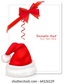 Red boww with ribbons and Santa hats. Vector.