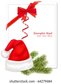 Red boww with ribbons and Santa hats and tree branches. Vector.