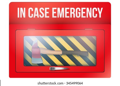 Red box with axe in case of emergency breakable glass. Vector illustration Isolated on white background. Editable.