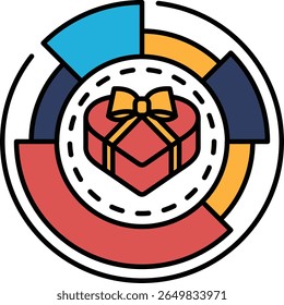 A red box with a bow on top of it. The box is surrounded by a circle with different colored lines
