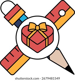 A red box with a bow on top of a ruler and a pencil. Concept of giving a gift, and the red box with the bow on top of the ruler and pencil suggests that the gift is a creative